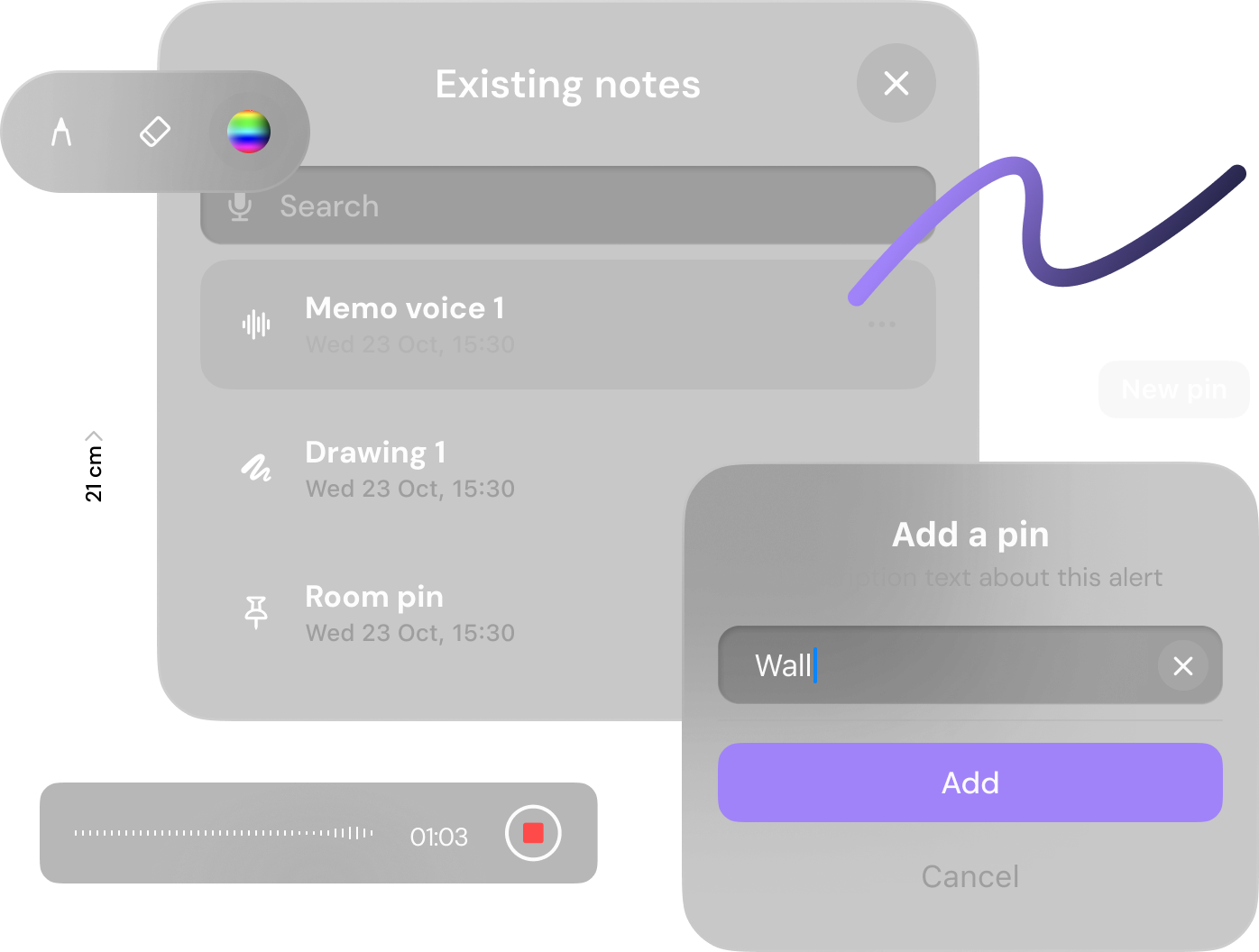With Spatial Plan you can add pins, drawings and voice memos to your scans